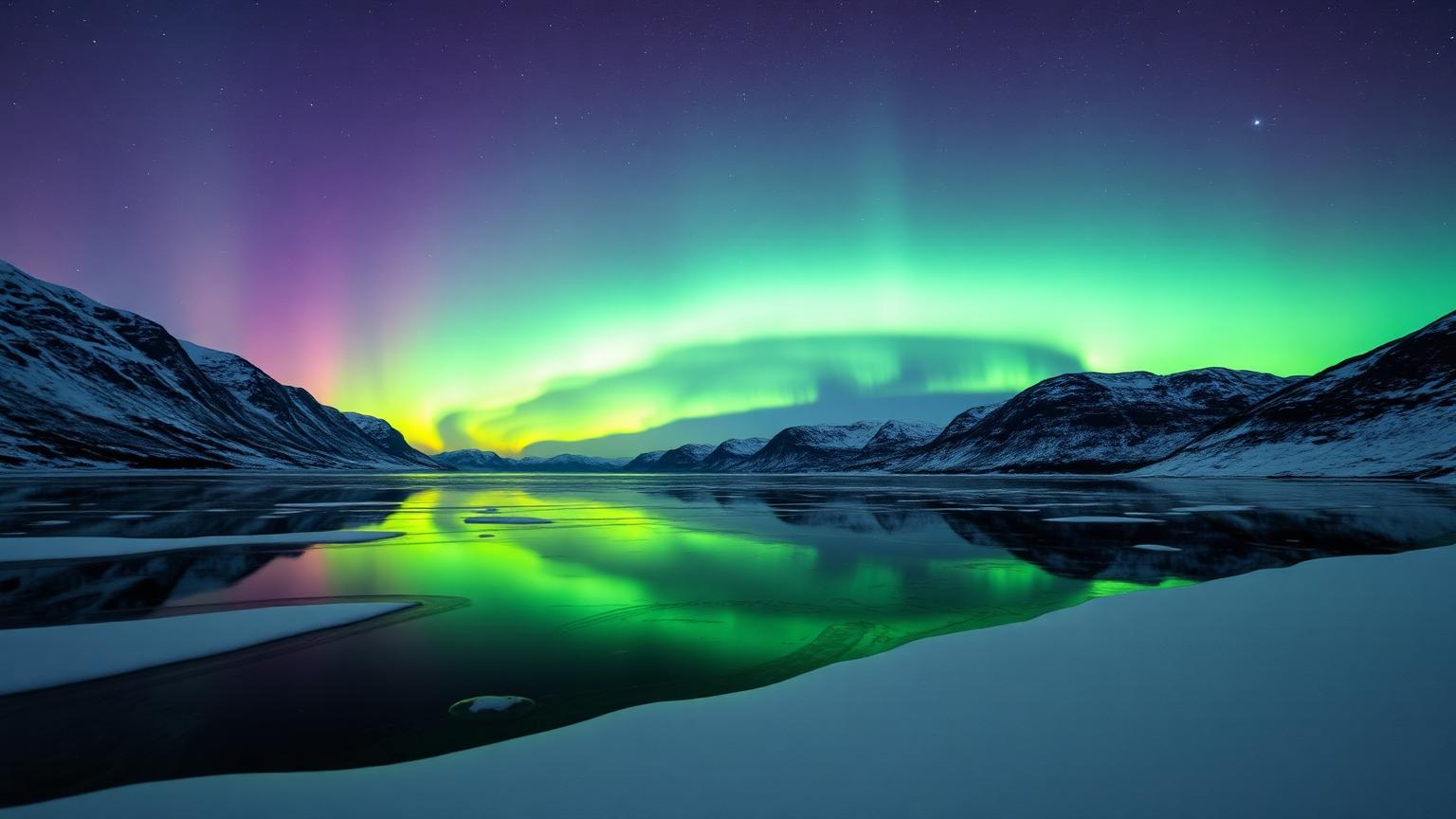 Green and violet aurora reflected in a frozen Norwegian fjord