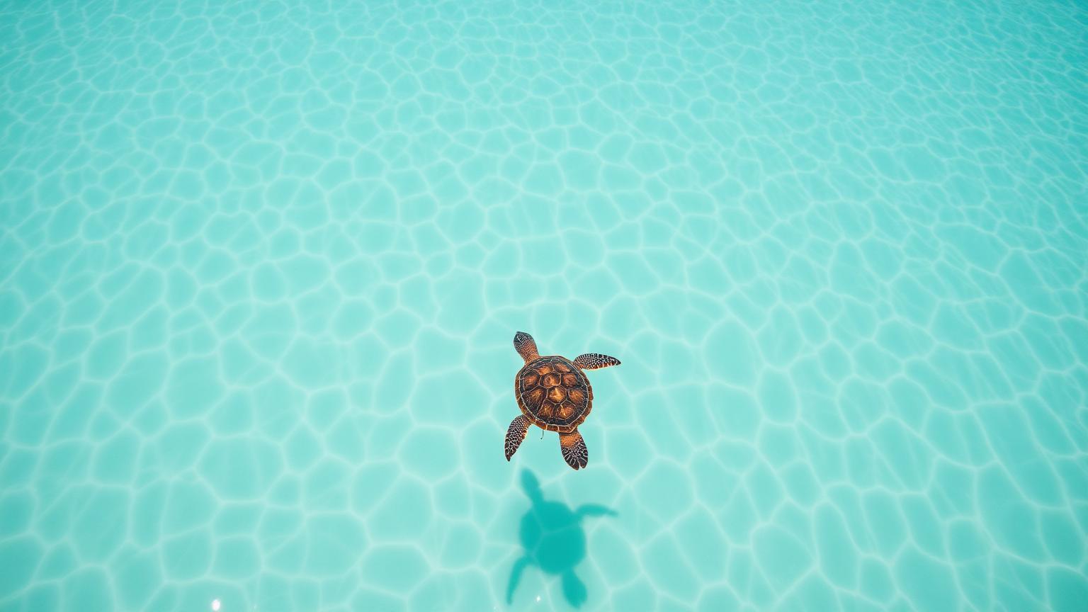 Sea turtle gliding over a turquoise lagoon seen from above